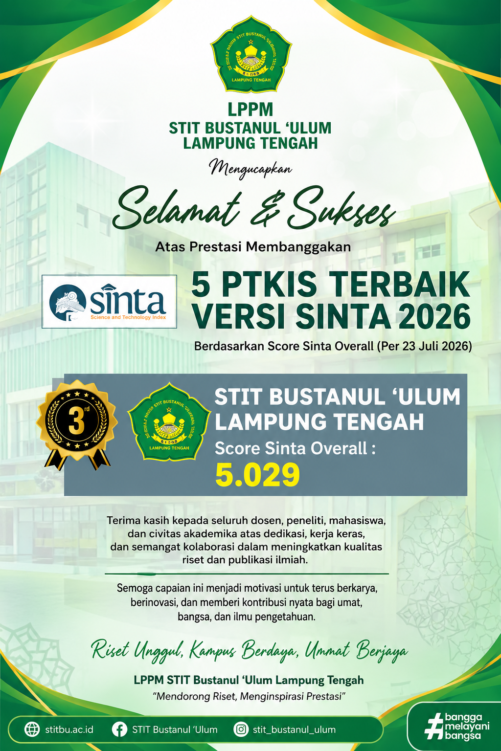 STIT Bustanul 'Ulum Lampung Tengah Raih Peringkat 3 PTKIS Terbaik Versi SINTA 2026